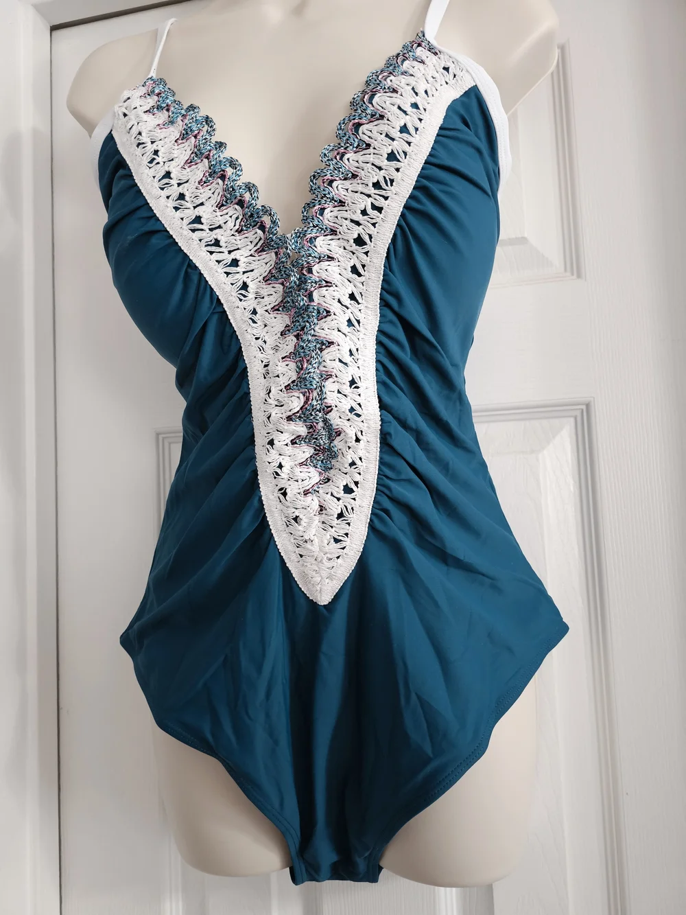 NWT Teal Crochet Lace One Piece Swimsuit XL Boho Beach Resortwear Bathing Suit